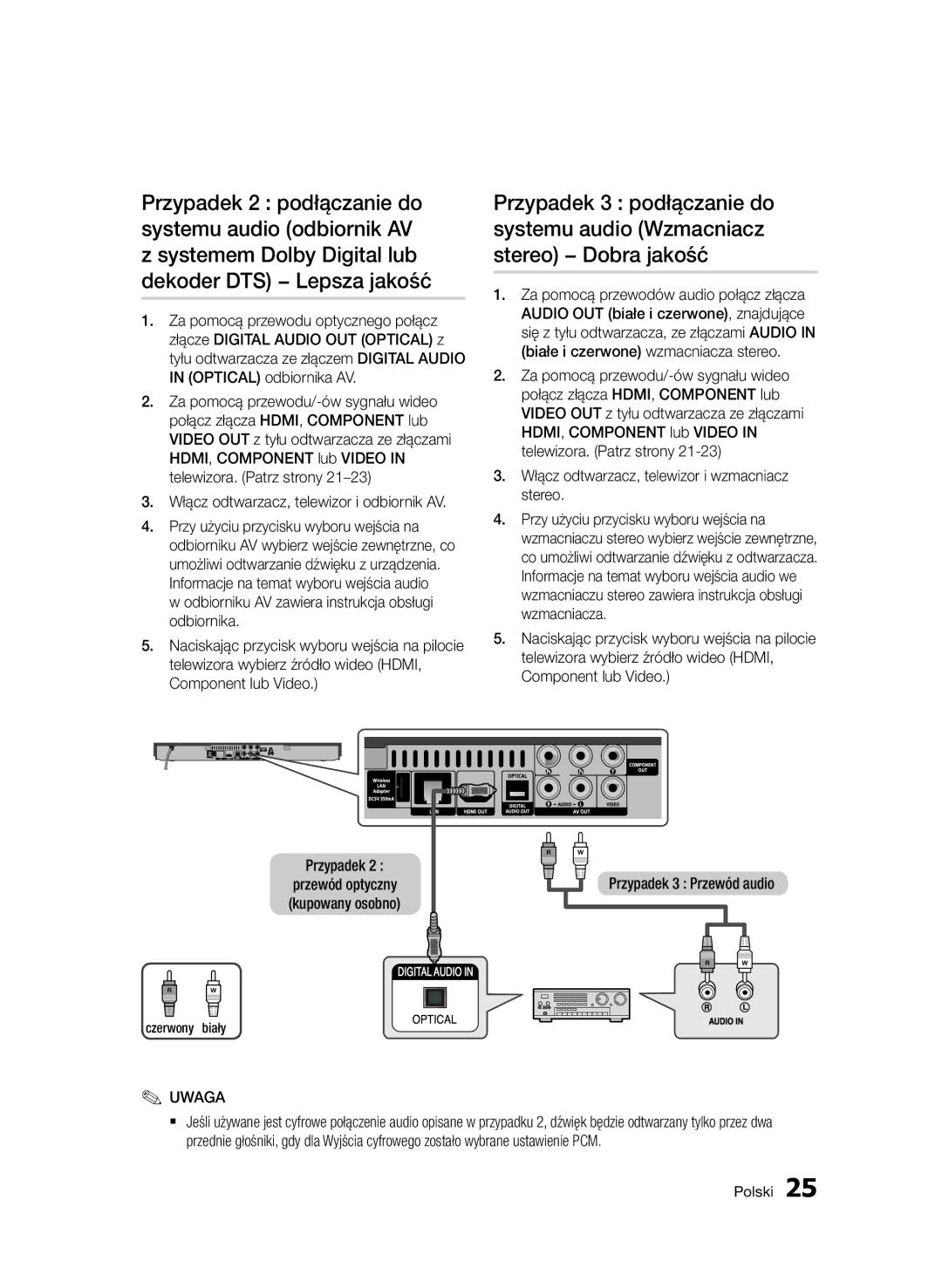 Samsung BD-D5500/ZF manual Włącz odtwarzacz, telewizor i wzmacniacz stereo, Przypadek 3 Przewód audio, Czerwony biały 