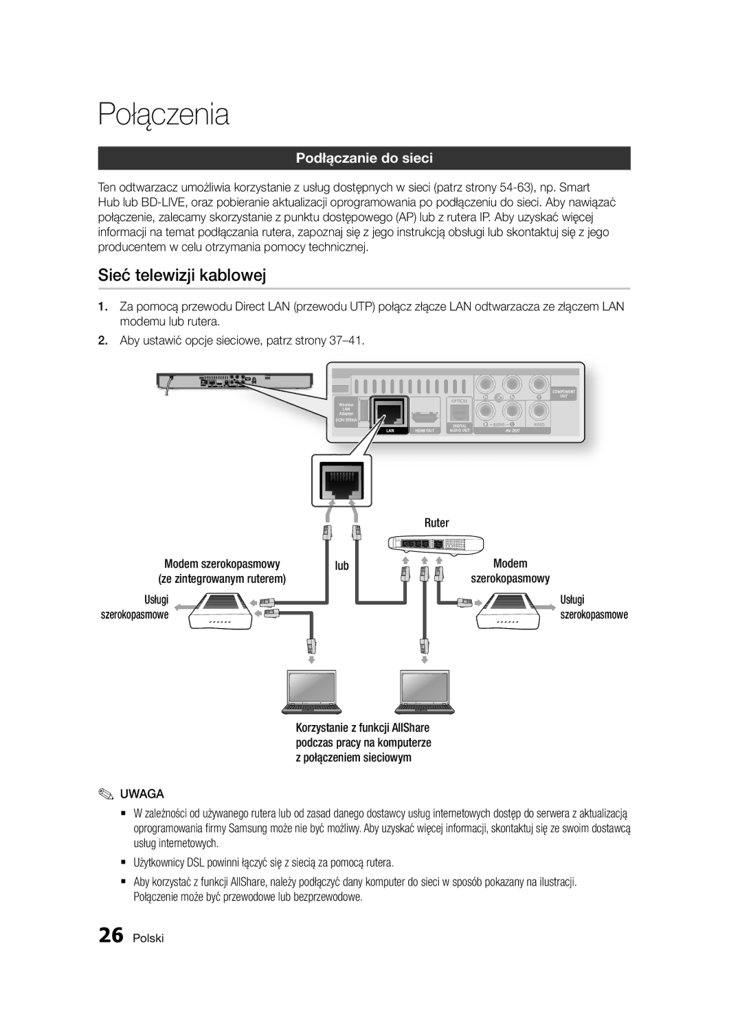 Samsung BD-D5500/XE, BD-D5500/ZA manual Sieć telewizji kablowej, Podłączanie do sieci, Ze zintegrowanym ruterem, Usługi 