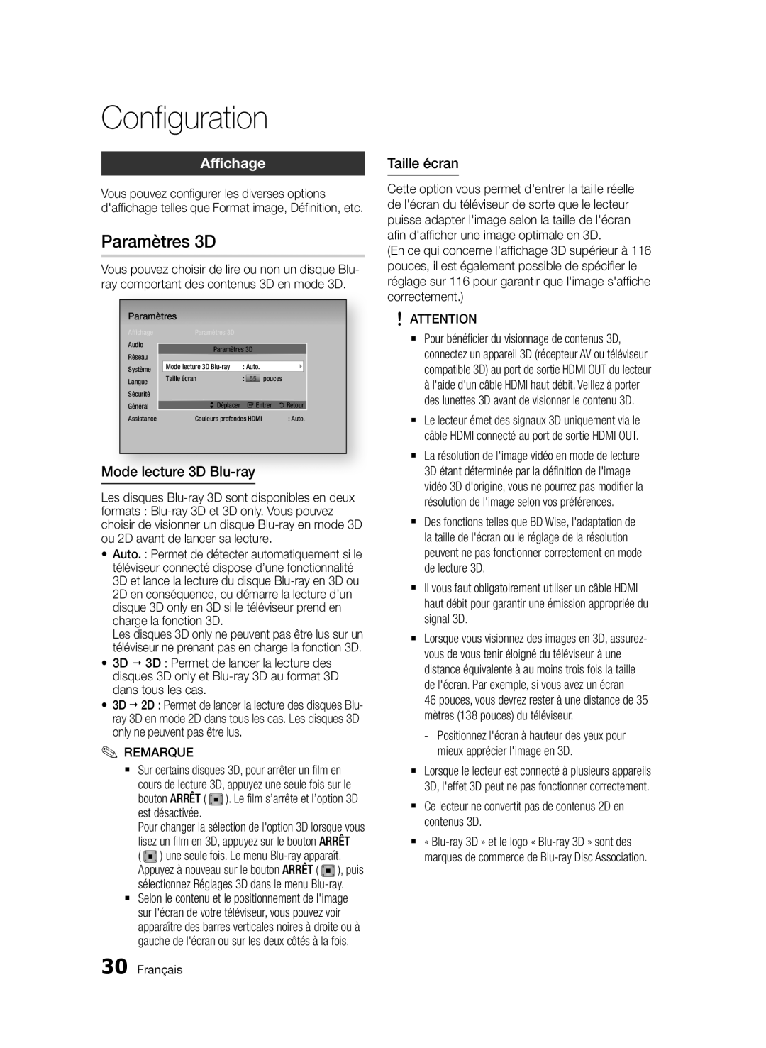 Samsung BD-D5500/EN, BD-D5500/ZA, BD-D5500/XN manual Paramètres 3D, Affichage, Mode lecture 3D Blu-ray, Taille écran, Arrêt 