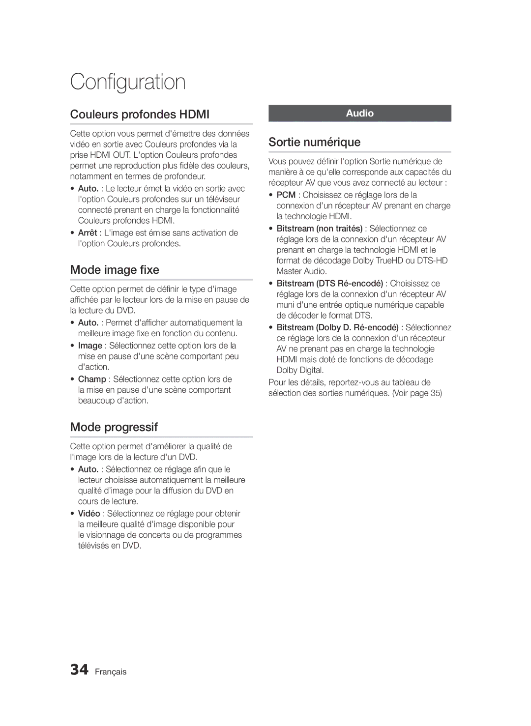 Samsung BD-D5500/XN, BD-D5500/ZA, BD-D5500/EN Couleurs profondes Hdmi, Mode image fixe, Mode progressif, Sortie numérique 