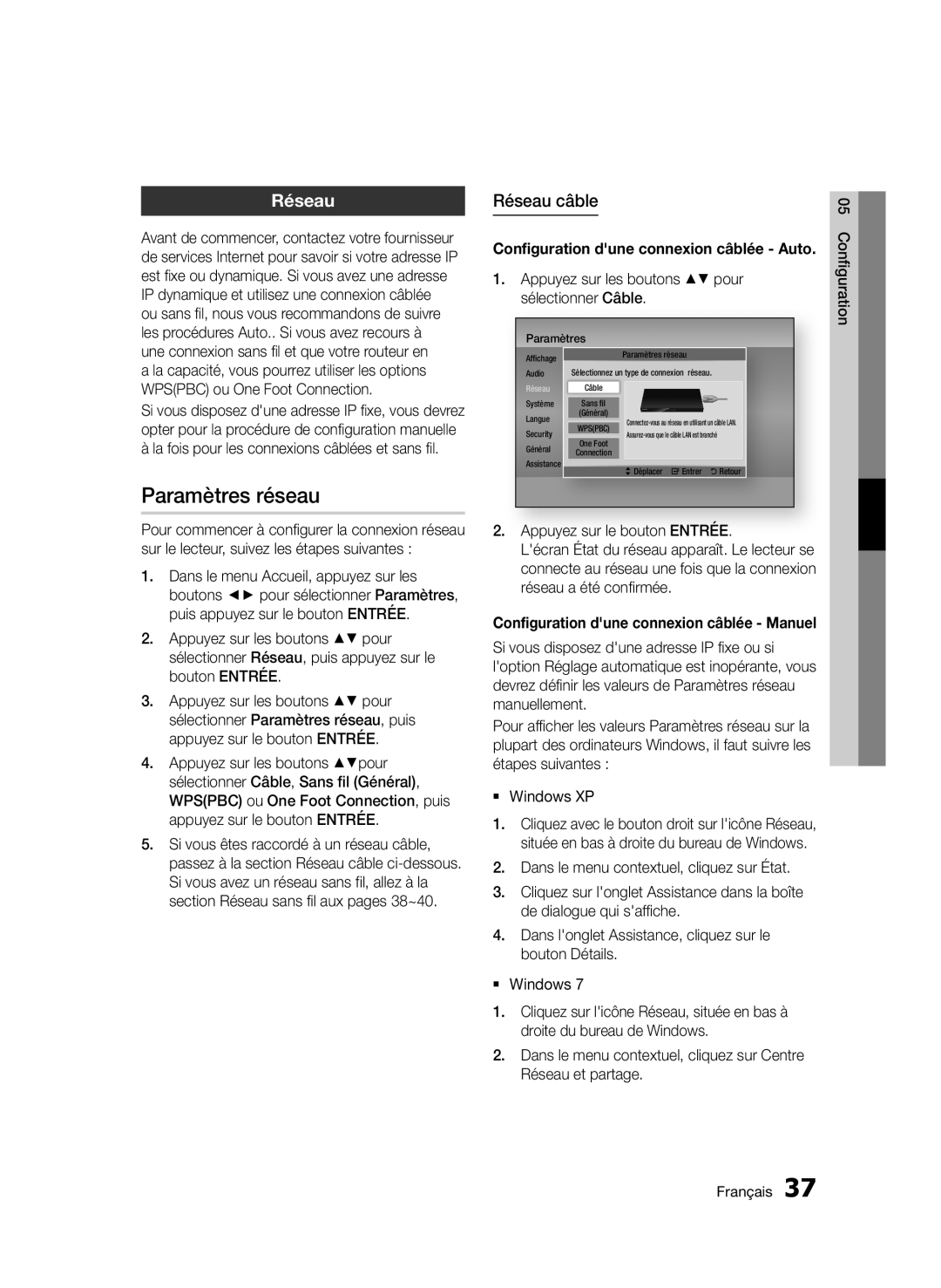 Samsung BD-D5500/XE, BD-D5500/ZA manual Paramètres réseau, Réseau câble, Appuyez sur les boutons pour sélectionner Câble 