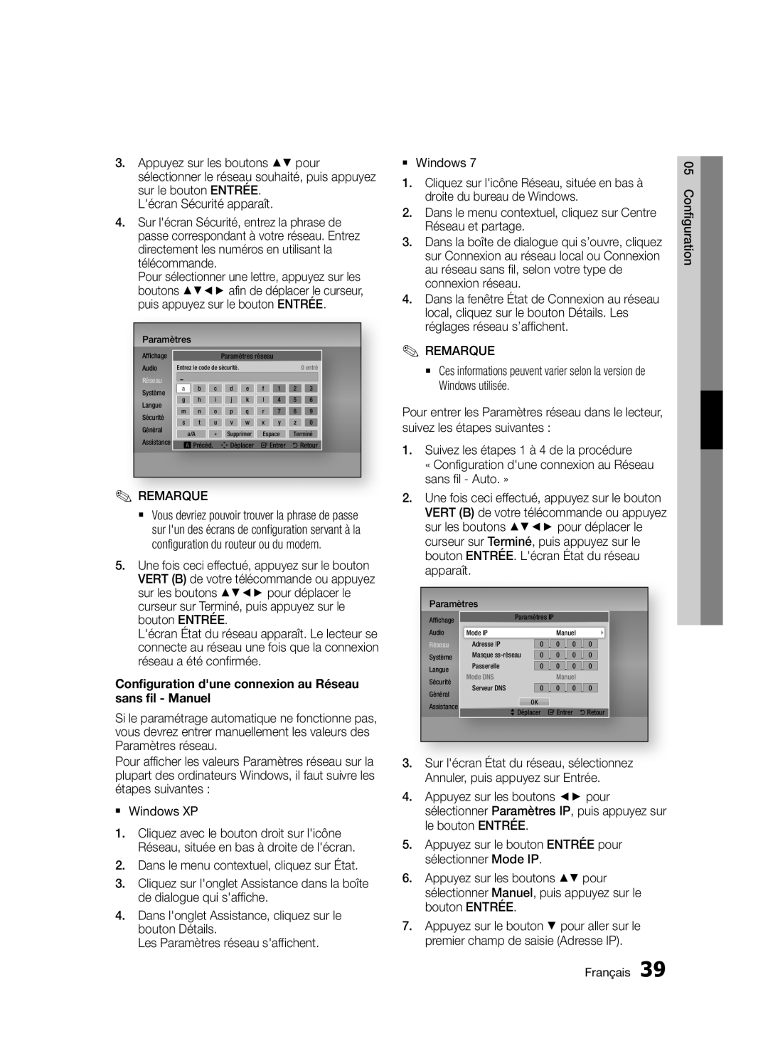 Samsung BD-D5500/XN, BD-D5500/ZA manual Configuration dune connexion au Réseau sans fil Manuel, Droite du bureau de Windows 