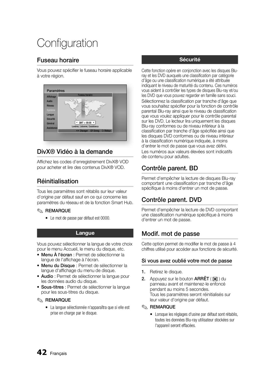 Samsung BD-D5500/XE Fuseau horaire, DivX Vidéo à la demande, Réinitialisation, Contrôle parent. BD, Contrôle parent. DVD 