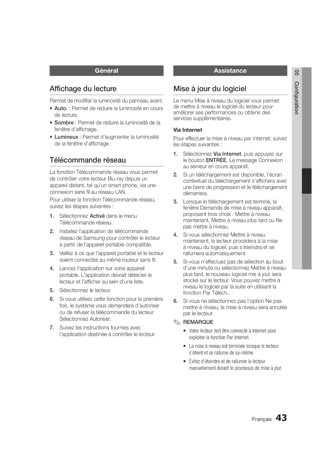 Samsung BD-D5500/ZA, BD-D5500/XN Affichage du lecture, Télécommande réseau, Mise à jour du logiciel, Général, Assistance 