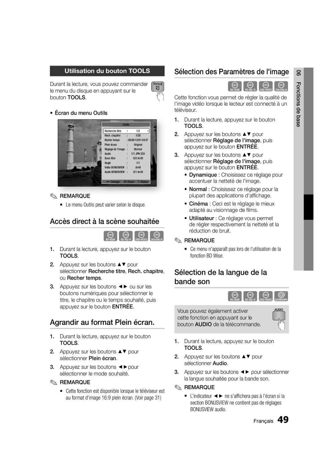 Samsung BD-D5500/XN Accès direct à la scène souhaitée, Agrandir au format Plein écran, Utilisation du bouton TOOLS, Tools 