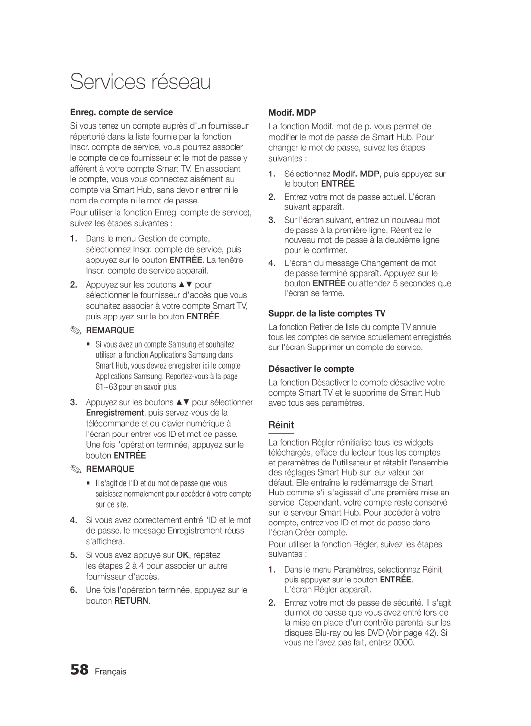 Samsung BD-D5500/ZA Réinit, Enreg. compte de service, Modif. MDP, Suppr. de la liste comptes TV, Désactiver le compte 