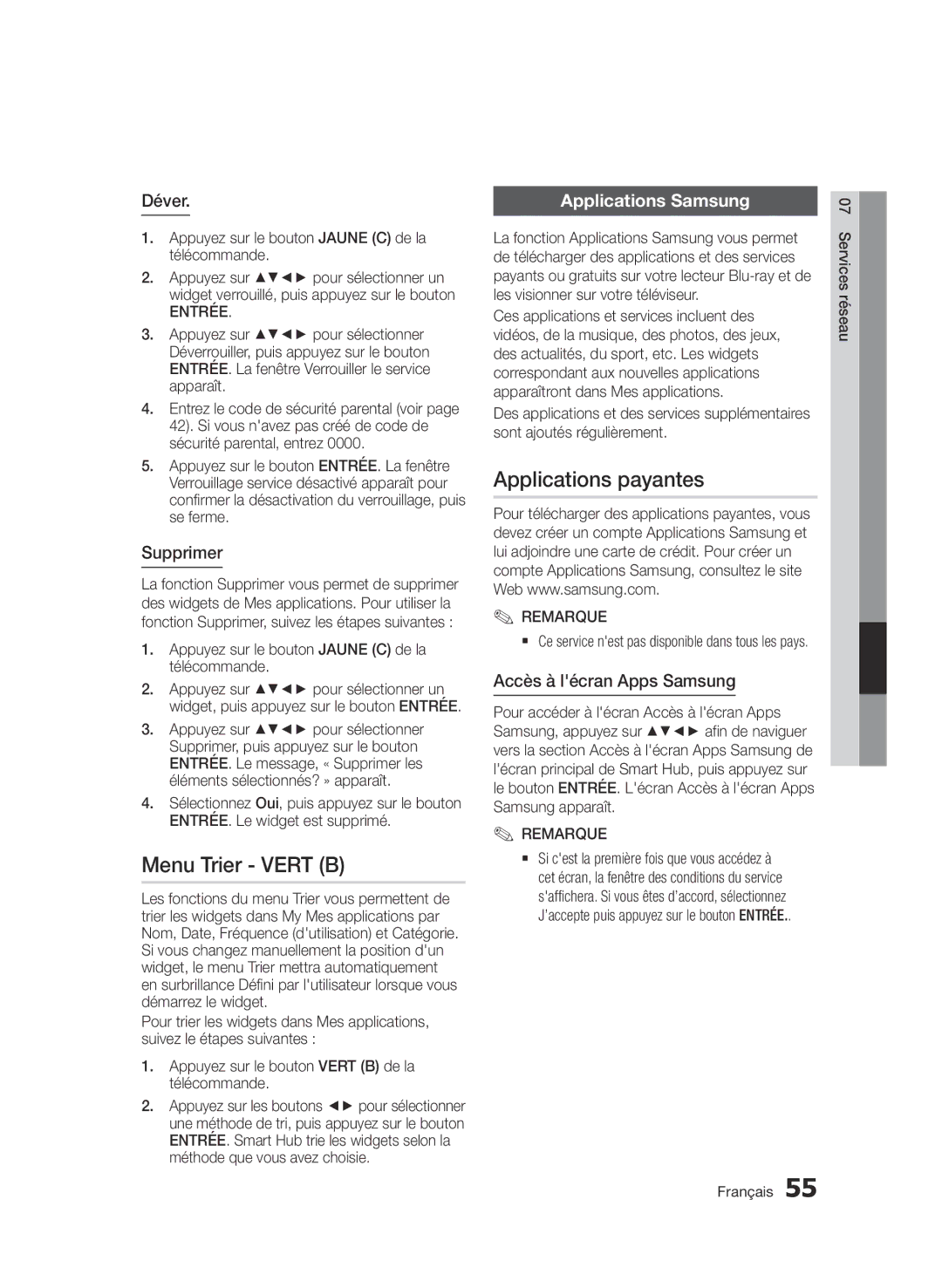 Samsung BD-D5500/ZF, BD-D5500/ZA, BD-D5500/XN, BD-D5500/EN Menu Trier Vert B, Applications payantes, Applications Samsung 