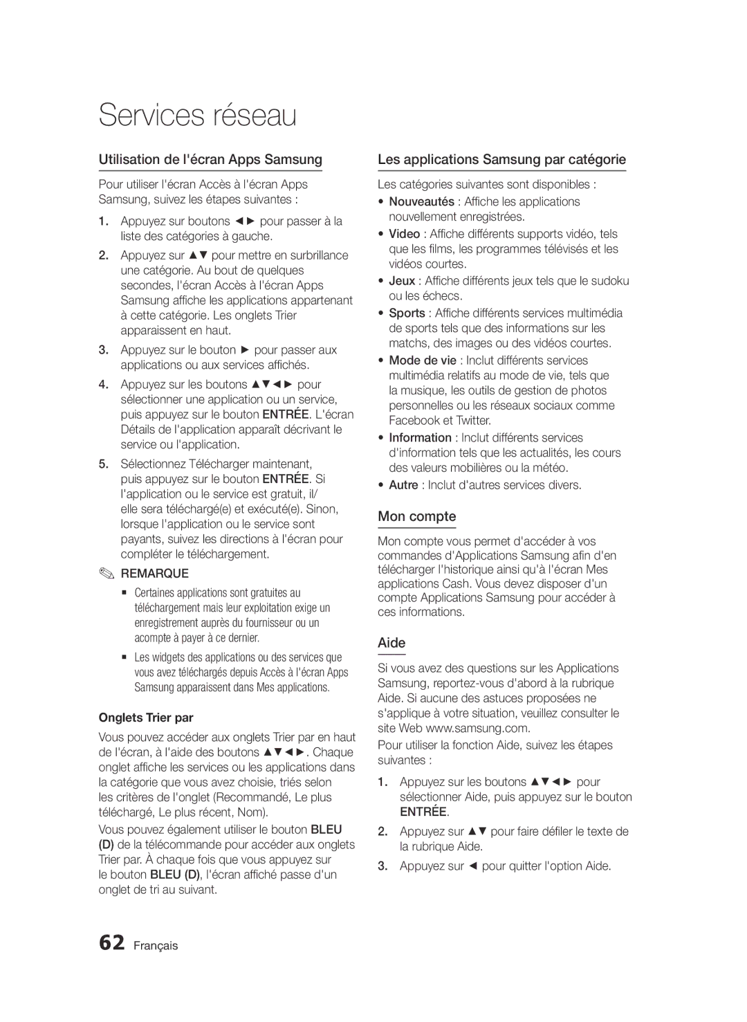 Samsung BD-D5500/XE manual Utilisation de lécran Apps Samsung, Les applications Samsung par catégorie, Mon compte, Aide 