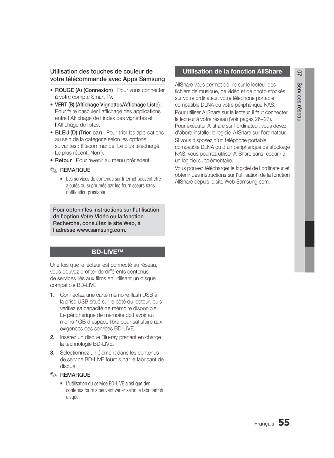 Samsung BD-D5500/ZA, BD-D5500/XN, BD-D5500/EN, BD-D5500/ZF, BD-D5500/XE manual Utilisation de la fonction AllShare 