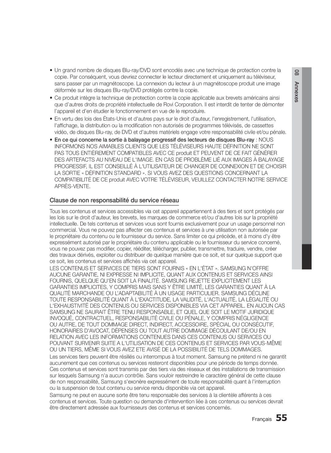 Samsung BD-D5500/XN, BD-D5500/ZA, BD-D5500/EN, BD-D5500/ZF, BD-D5500/XE manual Clause de non responsabilité du service réseau 