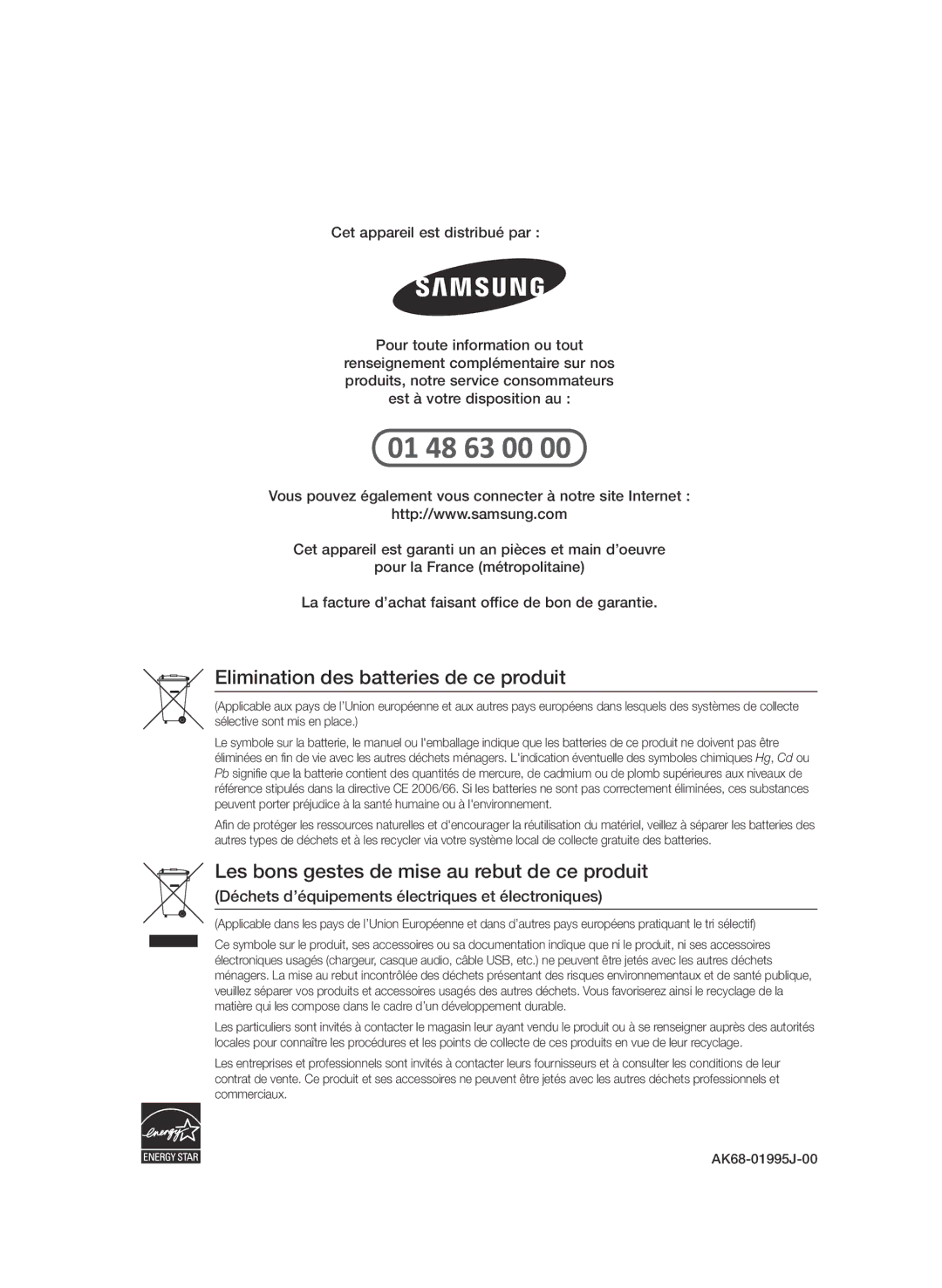 Samsung BD-D5500/ZA, BD-D5500/XN, BD-D5500/EN, BD-D5500/ZF, BD-D5500/XE manual Elimination des batteries de ce produit 