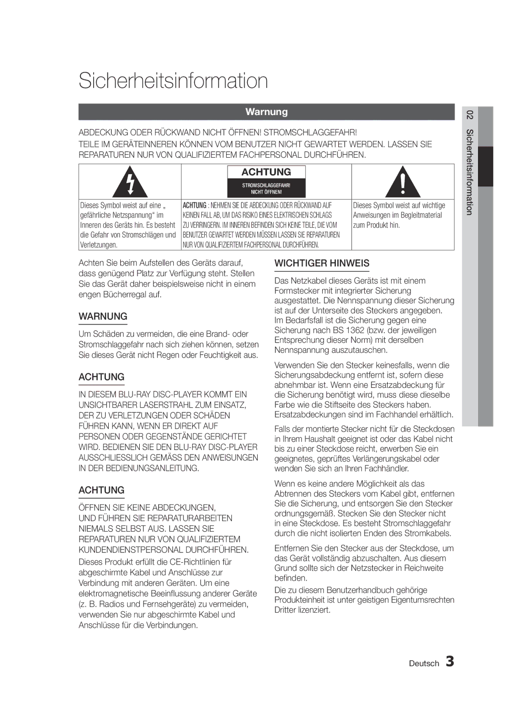 Samsung BD-D5500/ZF Sicherheitsinformation, Warnung, Abdeckung Oder Rückwand Nicht ÖFFNEN! Stromschlaggefahr, Verletzungen 