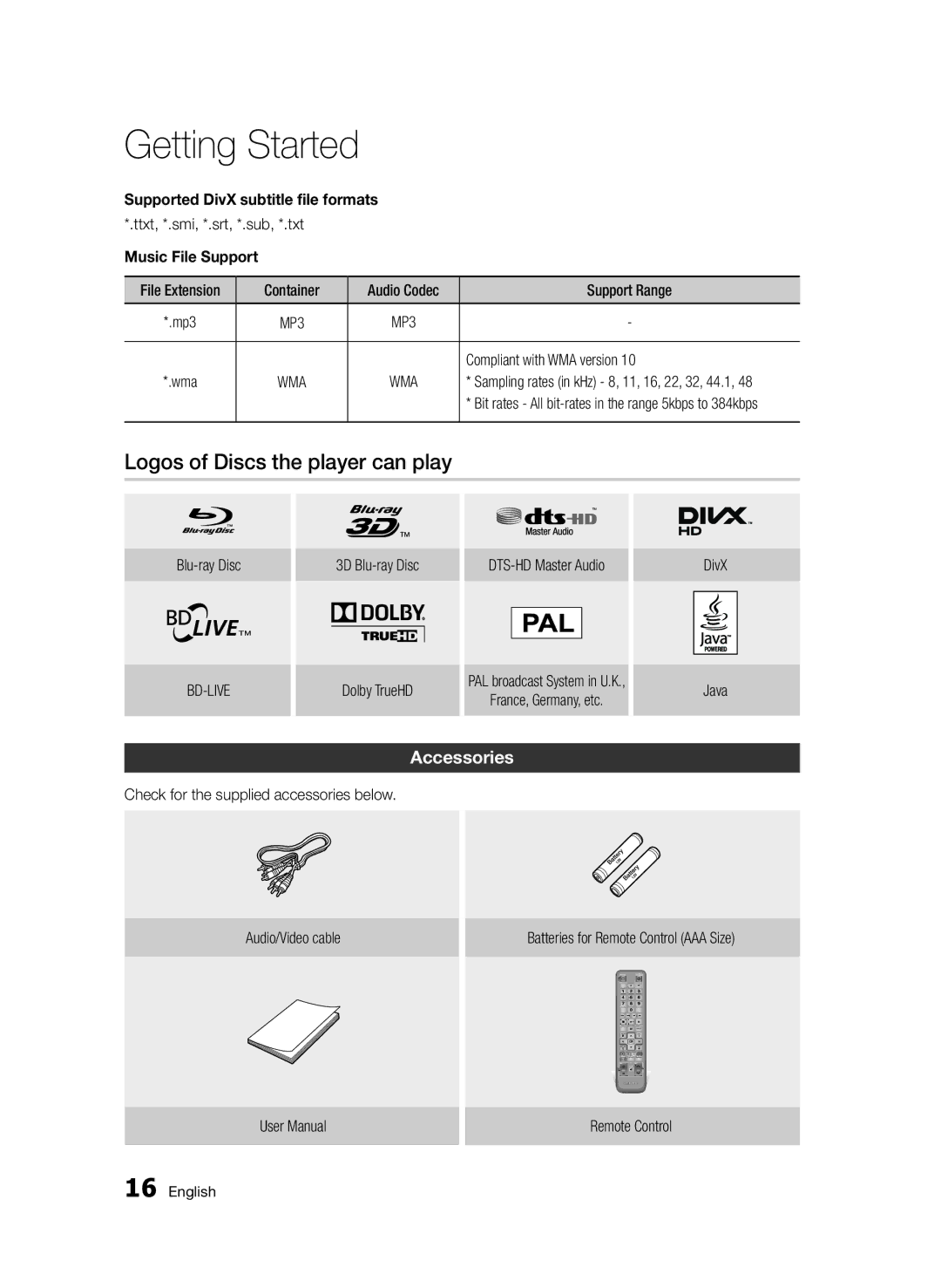 Samsung BD-D5500/XN manual Logos of Discs the player can play, Accessories, Music File Support, Compliant with WMA version 