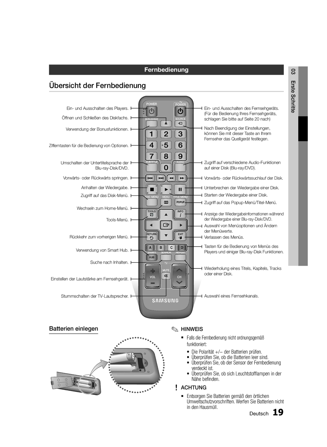 Samsung BD-D5500/XE, BD-D5500/ZA, BD-D5500/XN, BD-D5500/EN manual Übersicht der Fernbedienung, Batterien einlegen, Achtung 