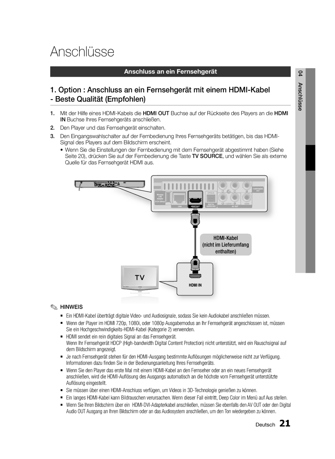 Samsung BD-D5500/XN, BD-D5500/ZA, BD-D5500/EN, BD-D5500/ZF, BD-D5500/XE Anschluss an ein Fernsehgerät, Anschlüsse Deutsch 