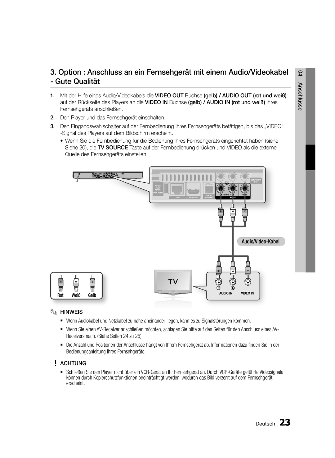 Samsung BD-D5500/ZF, BD-D5500/ZA, BD-D5500/XN, BD-D5500/EN, BD-D5500/XE manual Anschlüsse, Rot Weiß Gelb 