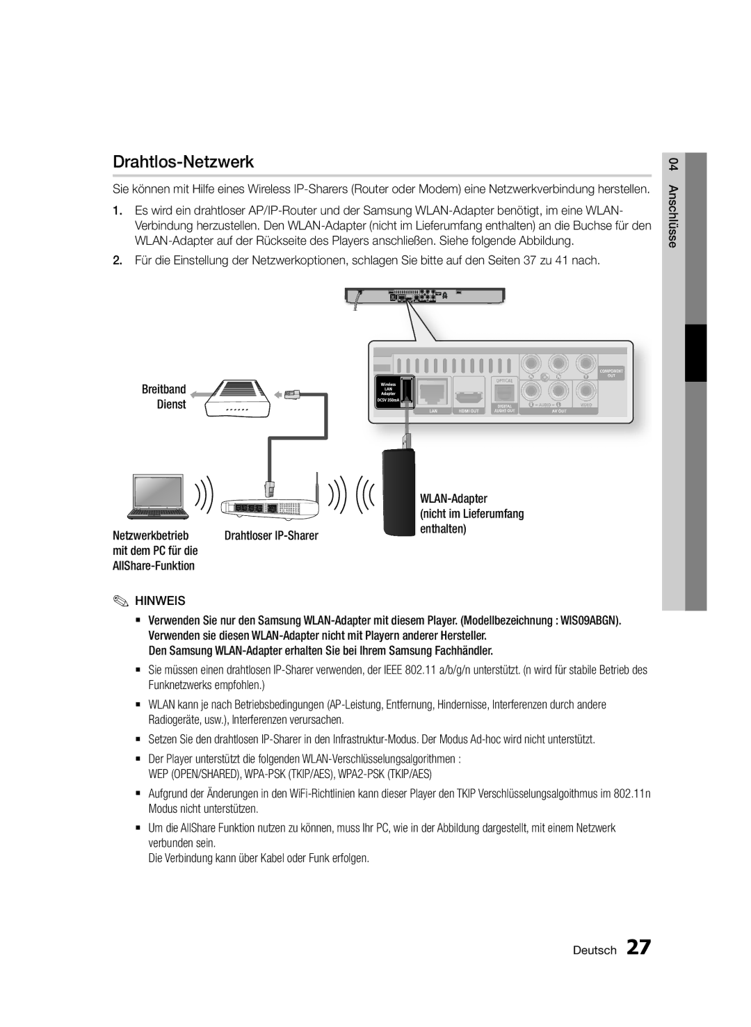 Samsung BD-D5500/EN, BD-D5500/ZA, BD-D5500/XN, BD-D5500/ZF manual Drahtlos-Netzwerk, Mit dem PC für die AllShare-Funktion 