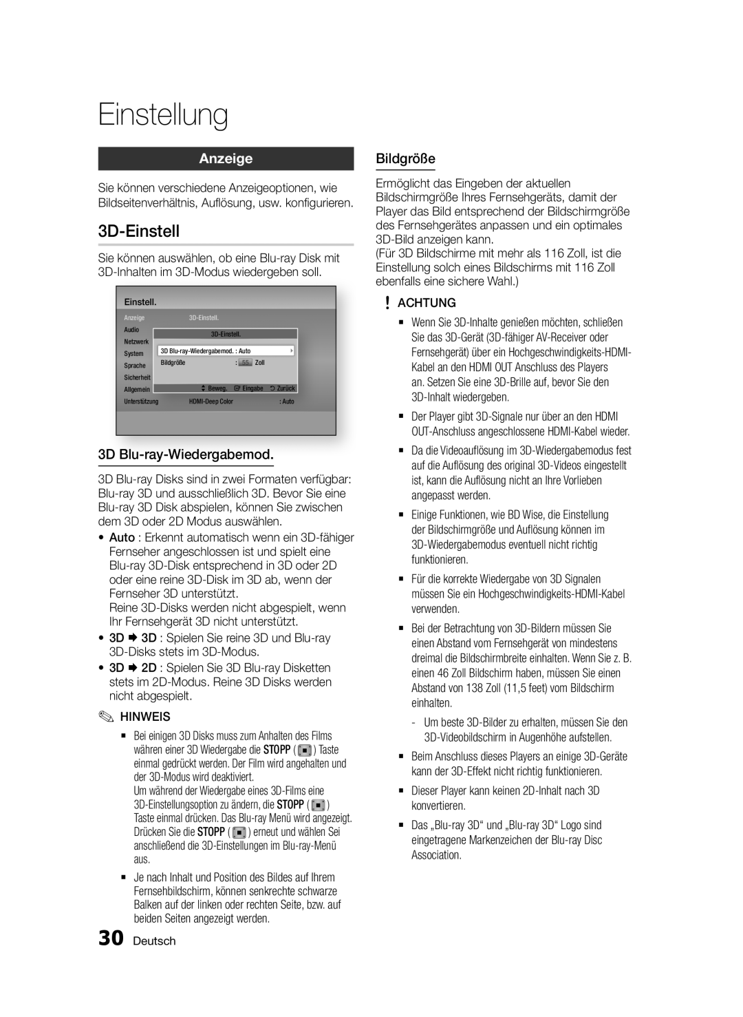 Samsung BD-D5500/ZA, BD-D5500/XN, BD-D5500/EN, BD-D5500/ZF manual 3D-Einstell, Anzeige, 3D Blu-ray-Wiedergabemod, Bildgröße 