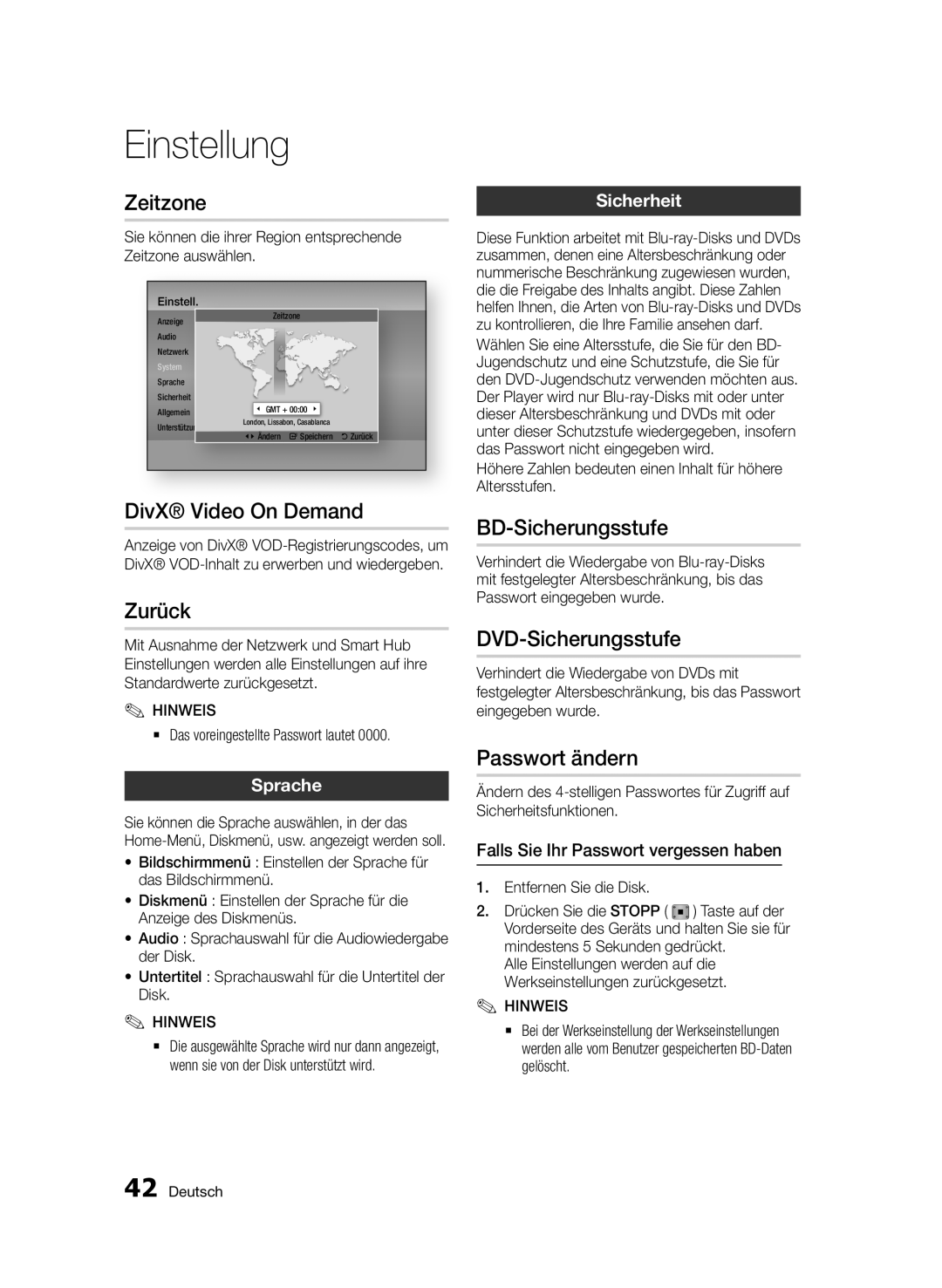 Samsung BD-D5500/EN, BD-D5500/ZA, BD-D5500/XN Zeitzone, Zurück, BD-Sicherungsstufe, DVD-Sicherungsstufe, Passwort ändern 