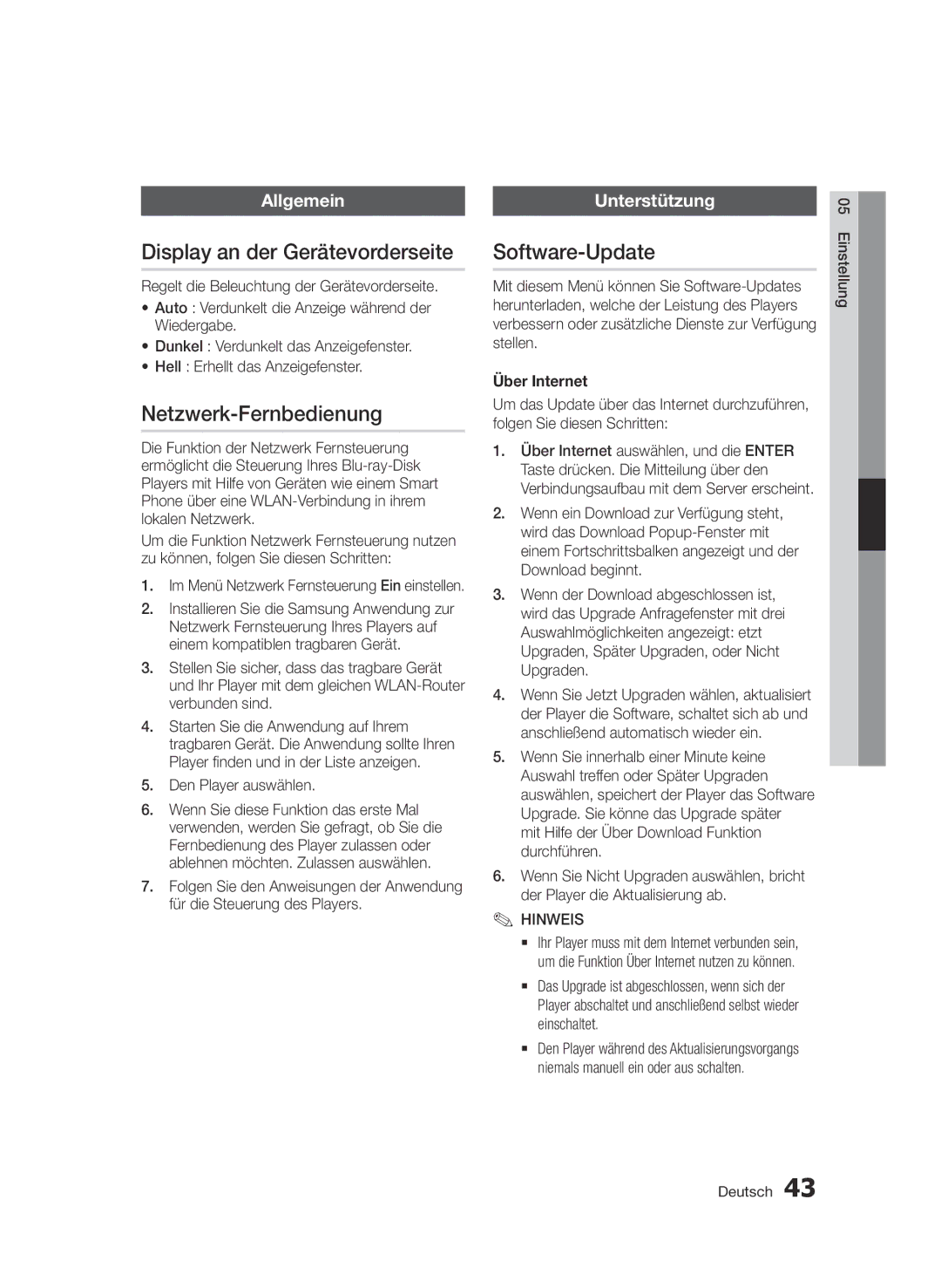 Samsung BD-D5500/ZF Display an der Gerätevorderseite, Netzwerk-Fernbedienung, Software-Update, Allgemein, Unterstützung 