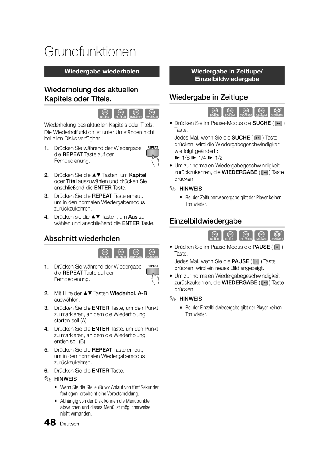 Samsung BD-D5500/ZF manual Wiederholung des aktuellen Kapitels oder Titels, Abschnitt wiederholen, Wiedergabe in Zeitlupe 