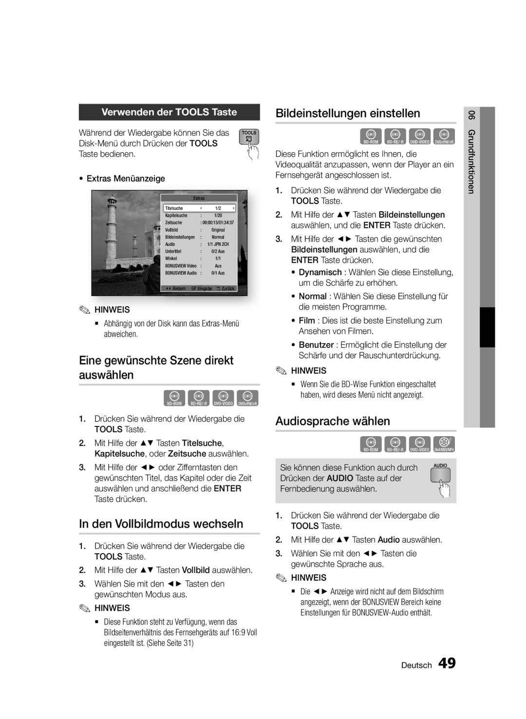 Samsung BD-D5500/XE manual Eine gewünschte Szene direkt auswählen, Den Vollbildmodus wechseln, Bildeinstellungen einstellen 