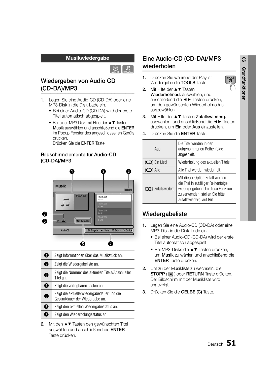 Samsung BD-D5500/XN, BD-D5500/ZA Wiedergeben von Audio CD CD-DA/MP3, Eine Audio-CD CD-DA/MP3 wiederholen, Wiedergabeliste 