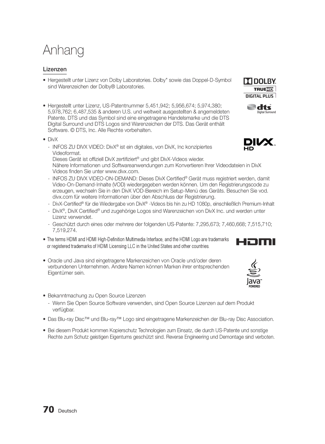 Samsung BD-D5500/ZA, BD-D5500/XN, BD-D5500/EN, BD-D5500/ZF, BD-D5500/XE manual Lizenzen 