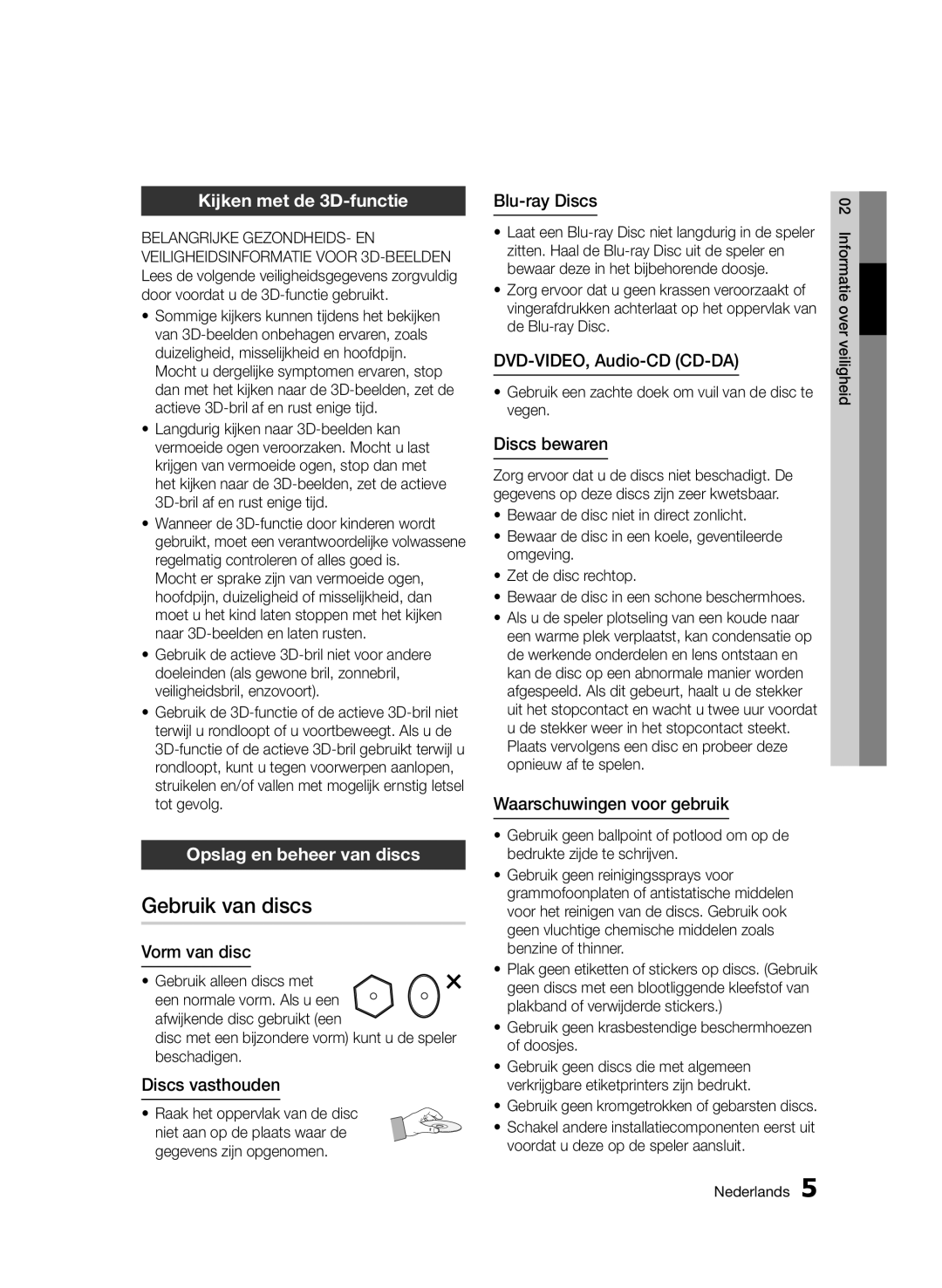 Samsung BD-D5500/ZF, BD-D5500/ZA, BD-D5500/XN manual Gebruik van discs, Kijken met de 3D-functie, Opslag en beheer van discs 