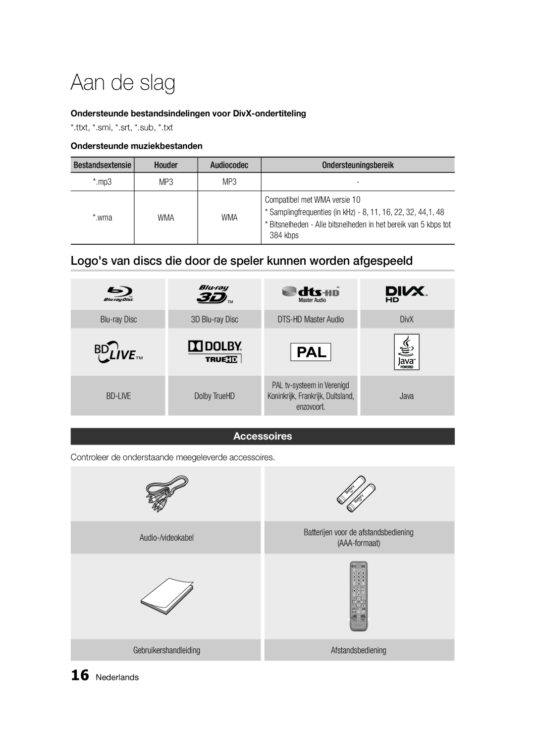 Samsung BD-D5500/XE, BD-D5500/ZA Logos van discs die door de speler kunnen worden afgespeeld, Ondersteunde muziekbestanden 