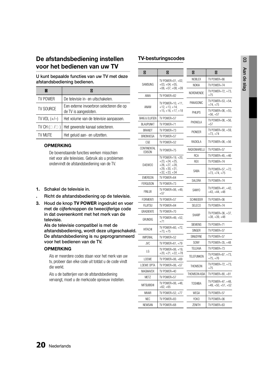 Samsung BD-D5500/ZF De afstandsbediening instellen voor het bedienen van uw TV, TV-besturingscodes, De TV is aangesloten 