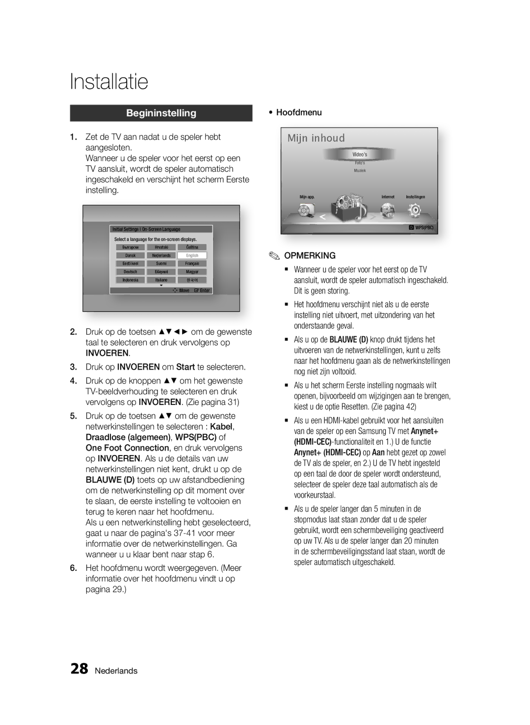 Samsung BD-D5500/XN, BD-D5500/ZA, BD-D5500/EN Installatie, Begininstelling, Druk op Invoeren om Start te selecteren 