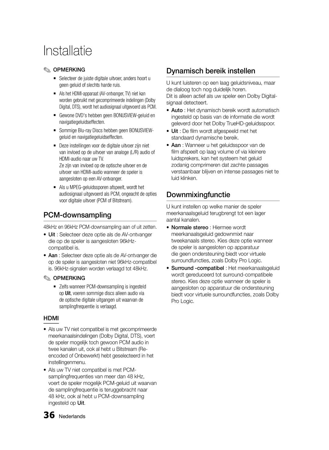 Samsung BD-D5500/XE manual Dynamisch bereik instellen, Downmixingfunctie, 48kHz en 96kHz PCM-downsampling aan of uit zetten 