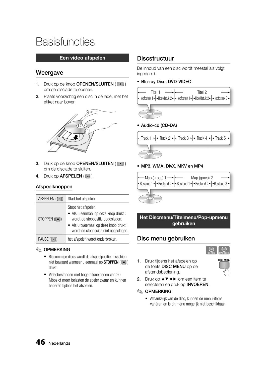 Samsung BD-D5500/XE, BD-D5500/ZA, BD-D5500/XN, BD-D5500/EN manual Basisfuncties, Weergave, Discstructuur, Disc menu gebruiken 