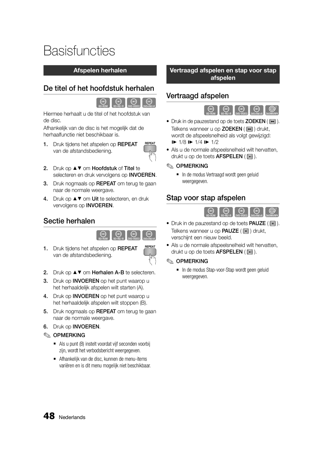 Samsung BD-D5500/XN manual De titel of het hoofdstuk herhalen, Sectie herhalen, Vertraagd afspelen, Stap voor stap afspelen 