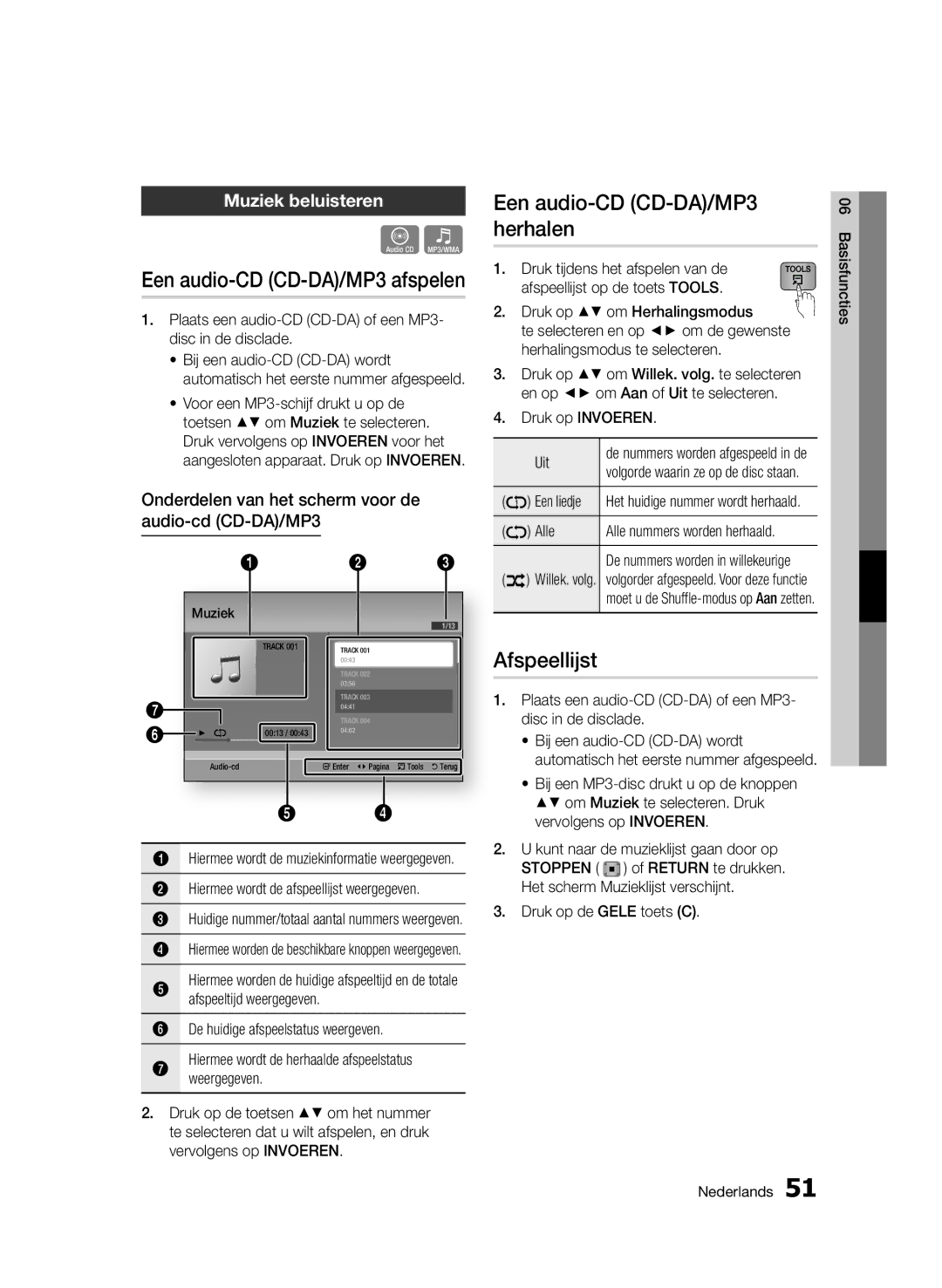 Samsung BD-D5500/XE, BD-D5500/ZA, BD-D5500/XN, BD-D5500/EN Een audio-CD CD-DA/MP3 herhalen, Afspeellijst, Muziek beluisteren 