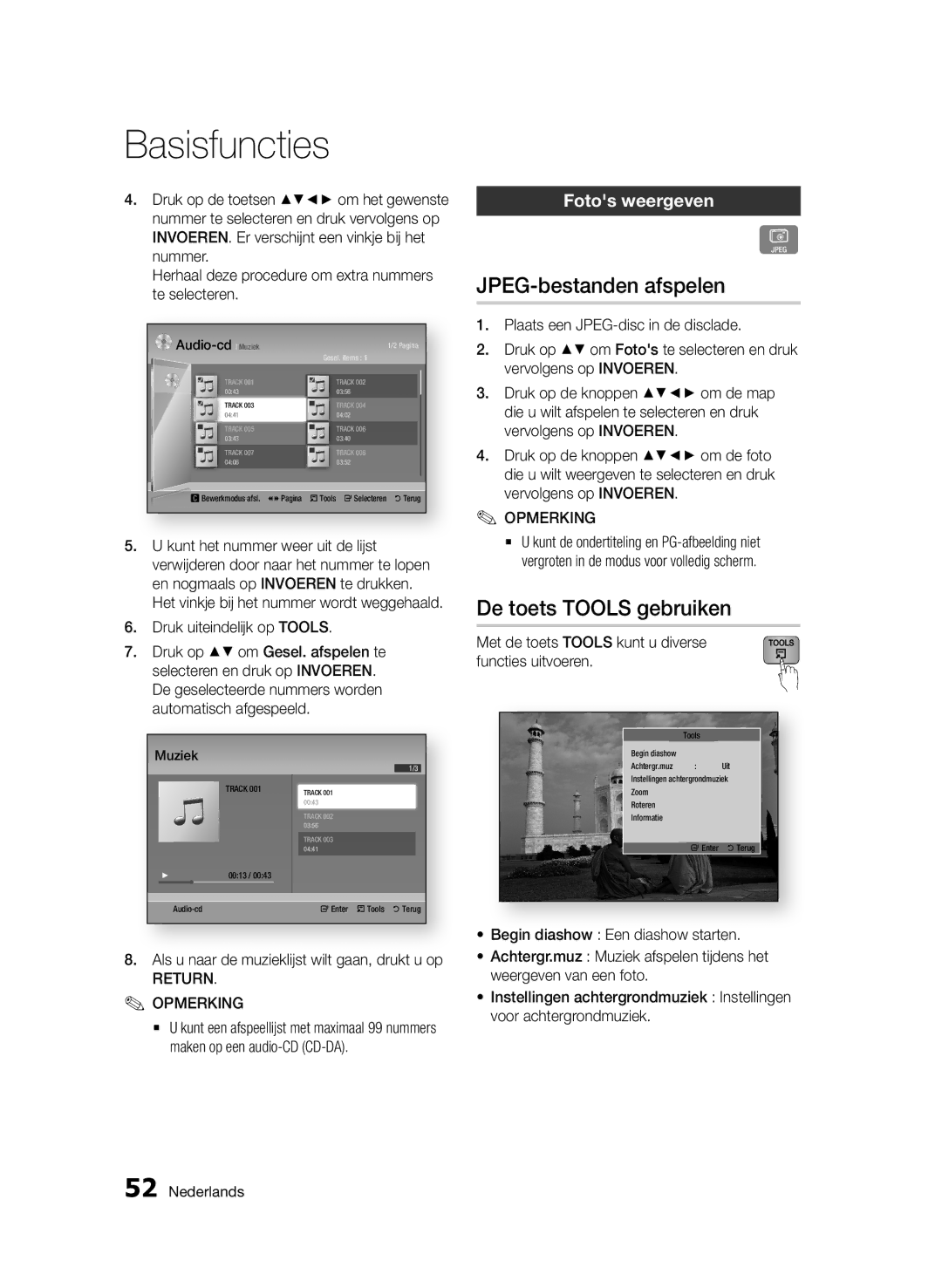 Samsung BD-D5500/ZA, BD-D5500/XN manual JPEG-bestanden afspelen, De toets Tools gebruiken, Fotos weergeven, Return Opmerking 