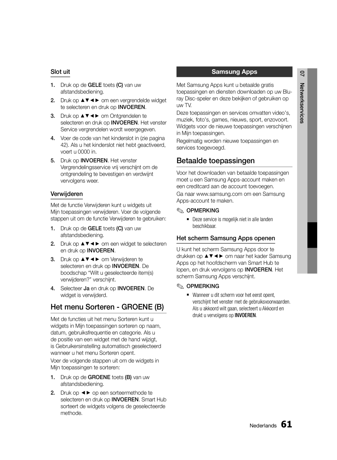 Samsung BD-D5500/XE, BD-D5500/ZA, BD-D5500/XN manual Het menu Sorteren Groene B, Betaalde toepassingen, Slot uit, Verwijderen 