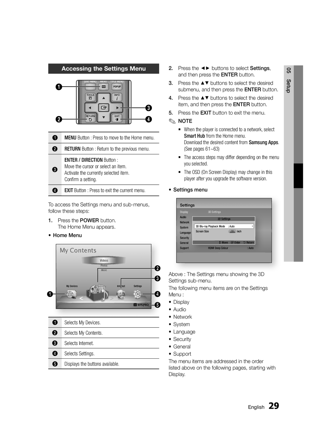 Samsung BD-D5500/XE, BD-D5500/ZA, BD-D5500/XN, BD-D5500/EN, BD-D5500/ZF manual Accessing the Settings Menu 