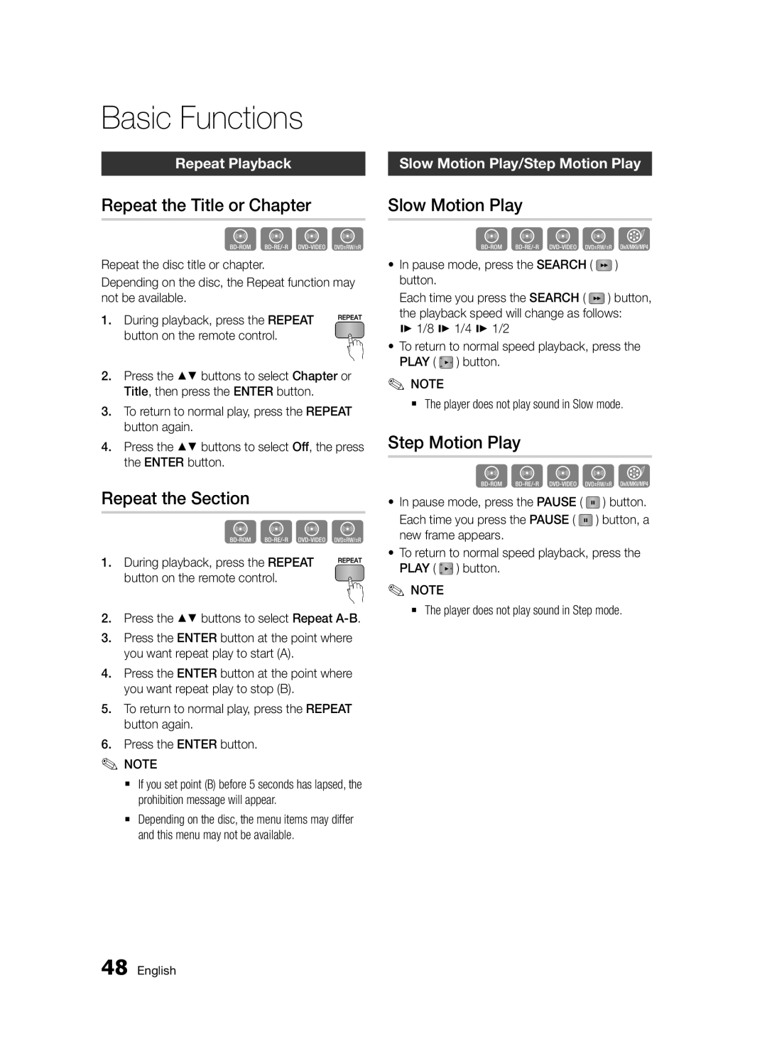 Samsung BD-D5500/ZF, BD-D5500/ZA manual Repeat the Title or Chapter, Repeat the Section, Slow Motion Play, Step Motion Play 