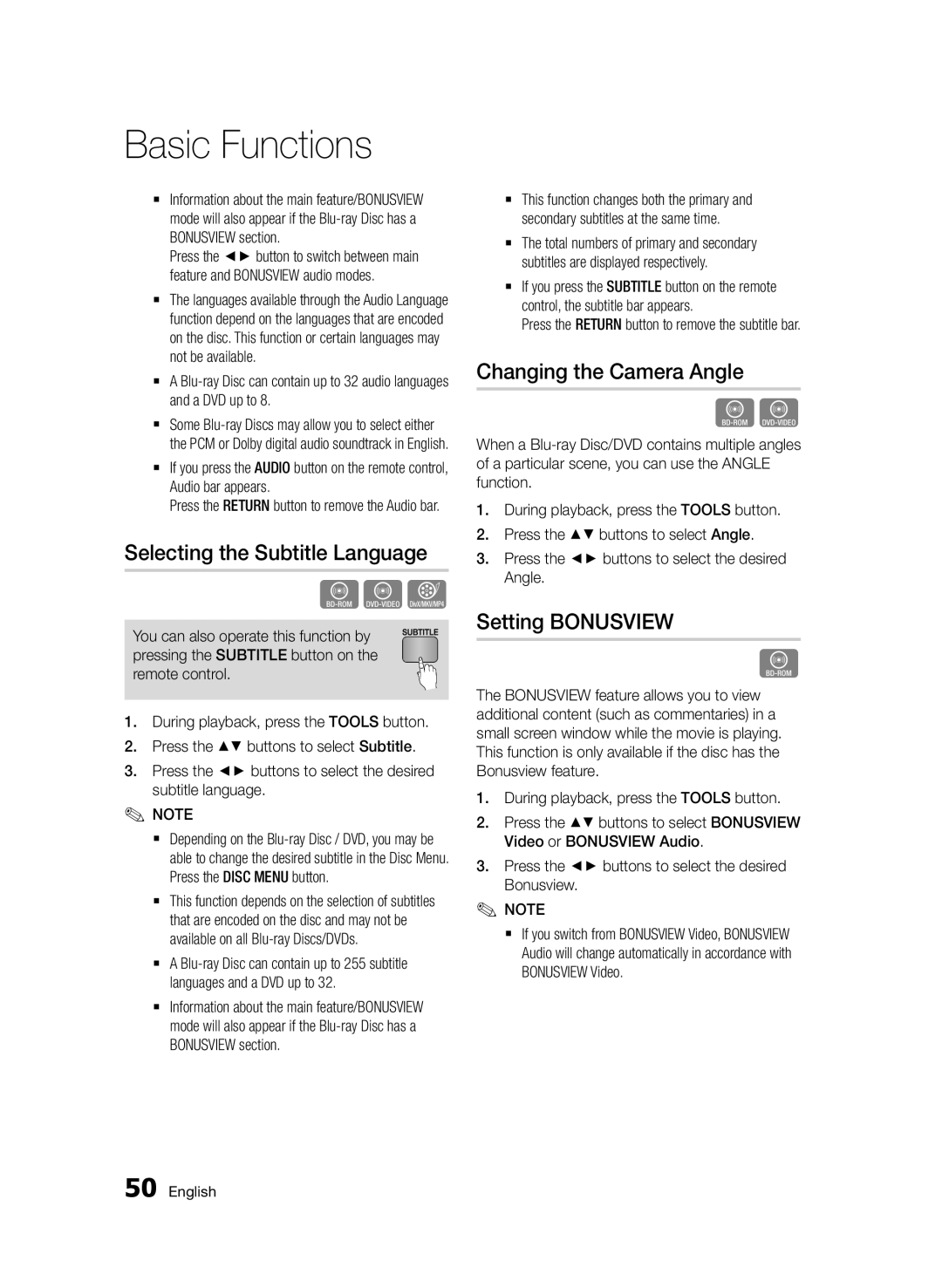 Samsung BD-D5500/ZA, BD-D5500/XN, BD-D5500/EN Selecting the Subtitle Language, Changing the Camera Angle, Setting Bonusview 