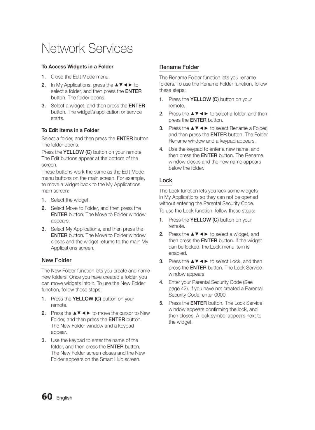 Samsung BD-D5500/ZA, BD-D5500/XN New Folder, Rename Folder, Lock, To Access Widgets in a Folder, To Edit Items in a Folder 