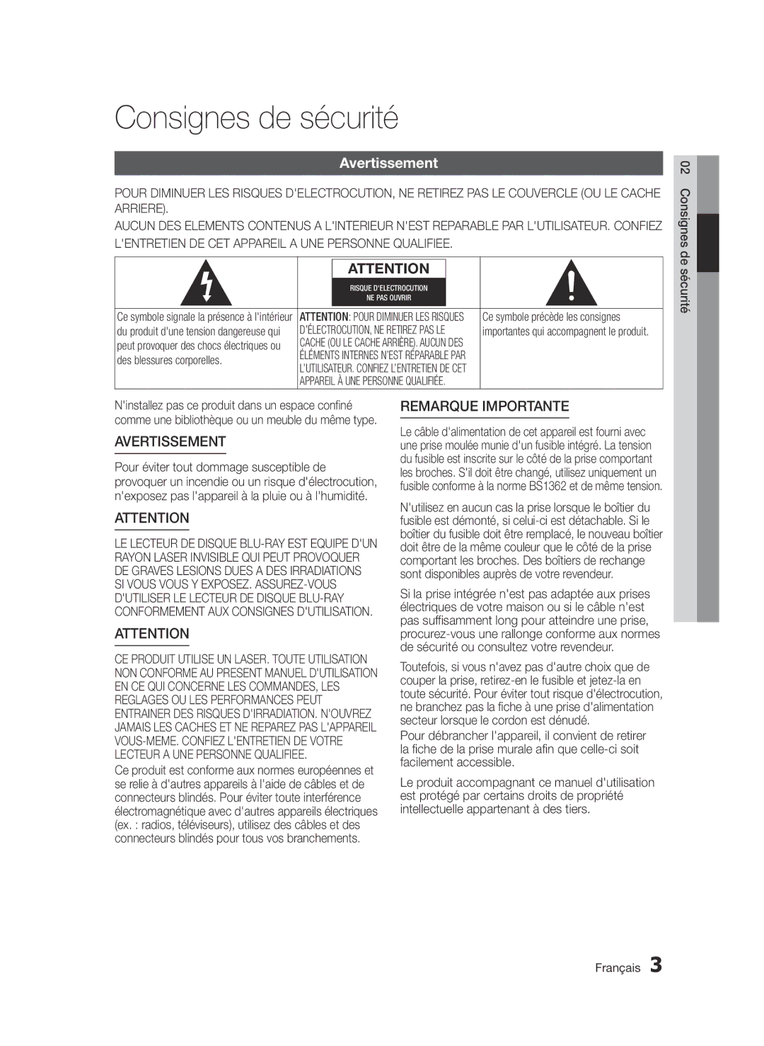 Samsung BD-D5500/ZA, BD-D5500/XN, BD-D5500/EN, BD-D5500/ZF, BD-D5500/XE manual Consignes de sécurité, Avertissement 