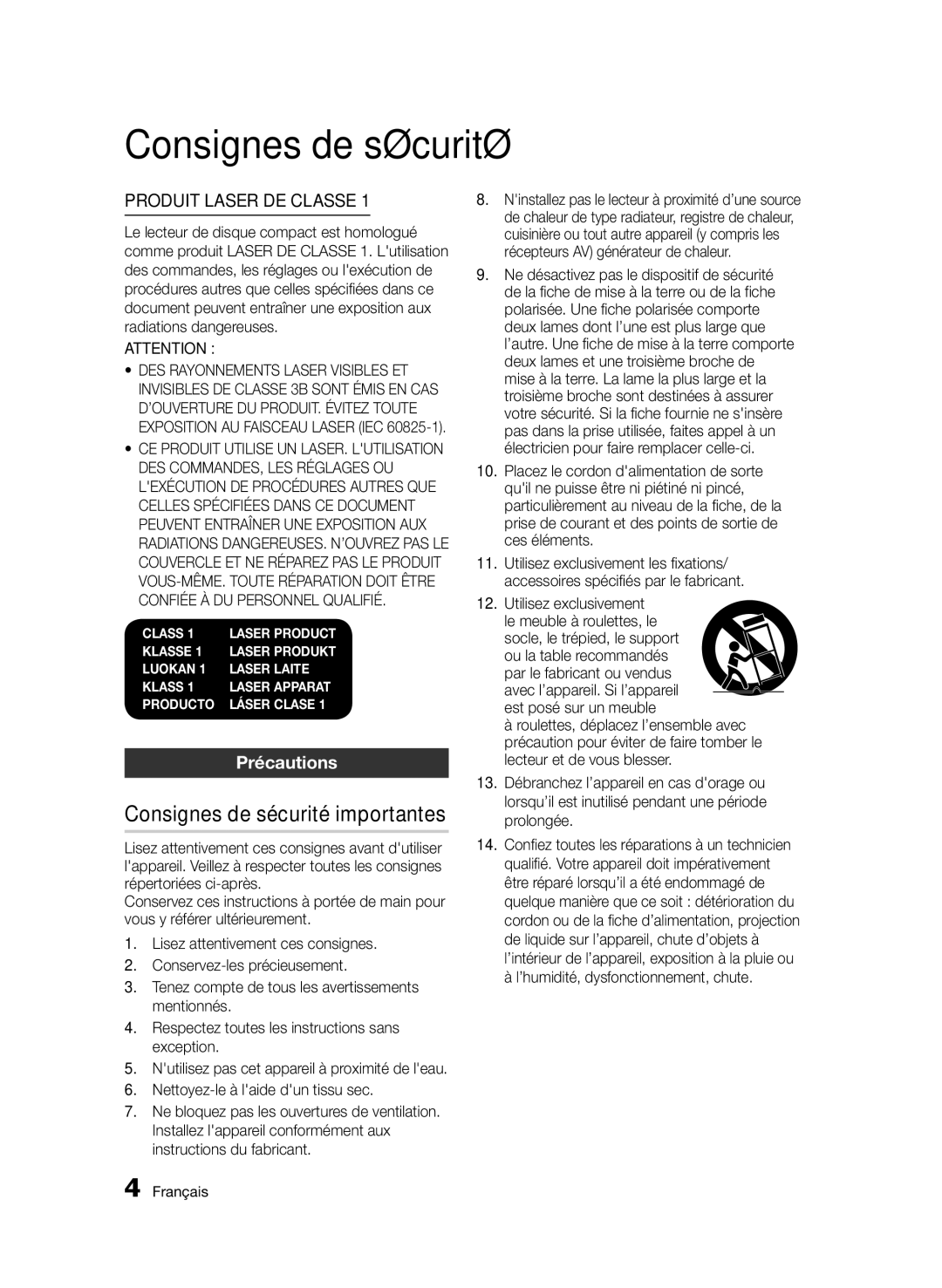 Samsung BD-D5500/XN, BD-D5500/ZA, BD-D5500/EN, BD-D5500/ZF, BD-D5500/XE manual Consignes de sécurité importantes, Précautions 