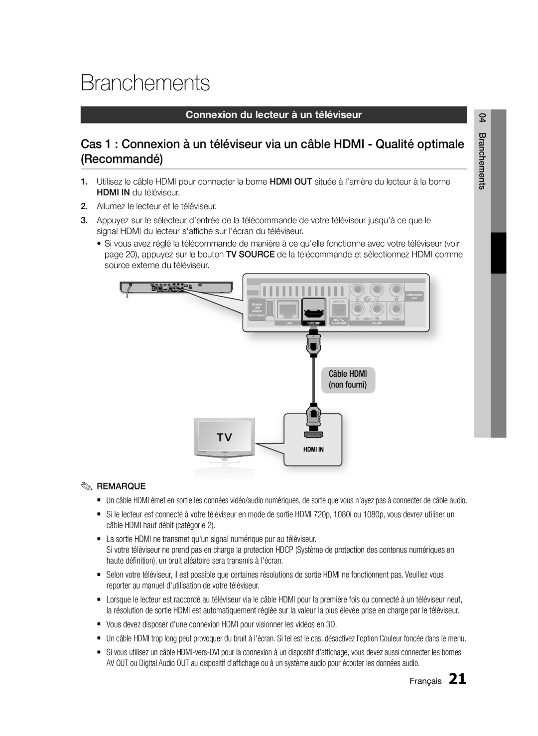 Samsung BD-D5500/ZF, BD-D5500/ZA, BD-D5500/XN, BD-D5500/EN Connexion du lecteur à un téléviseur, Branchements Français 