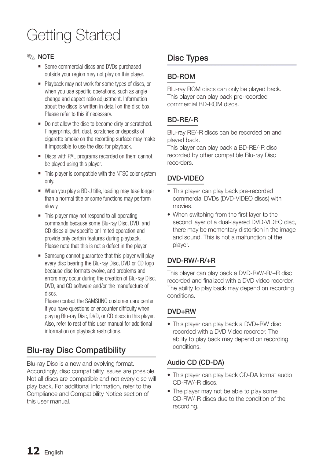 Samsung BD-D5500/ZA, BD-D5500/XN, BD-D5500/EN, BD-D5500/ZF manual Blu-ray Disc Compatibility Disc Types, Audio CD CD-DA 