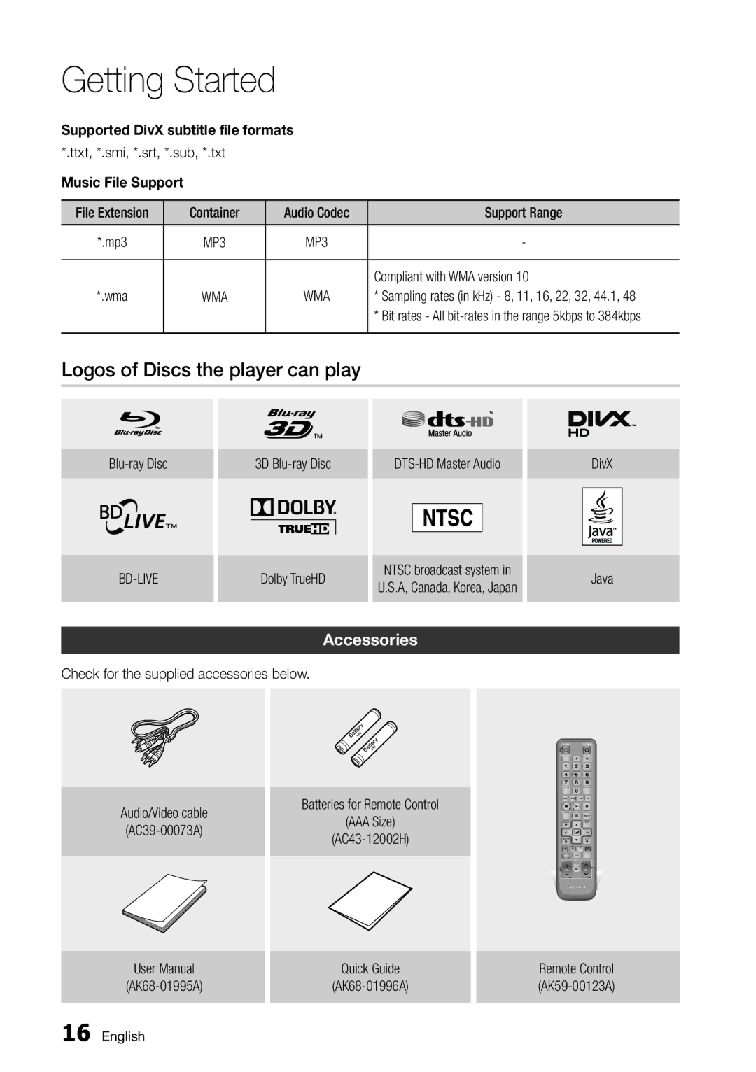 Samsung BD-D5500/ZA, BD-D5500/XN, BD-D5500/EN manual Logos of Discs the player can play, Accessories, Music File Support 