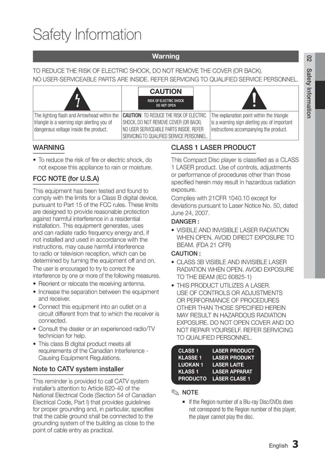 Samsung BD-D5500/ZF, BD-D5500/ZA, BD-D5500/XN, BD-D5500/EN Safety Information, Class 1 Laser product, FCC Note for U.S.A 