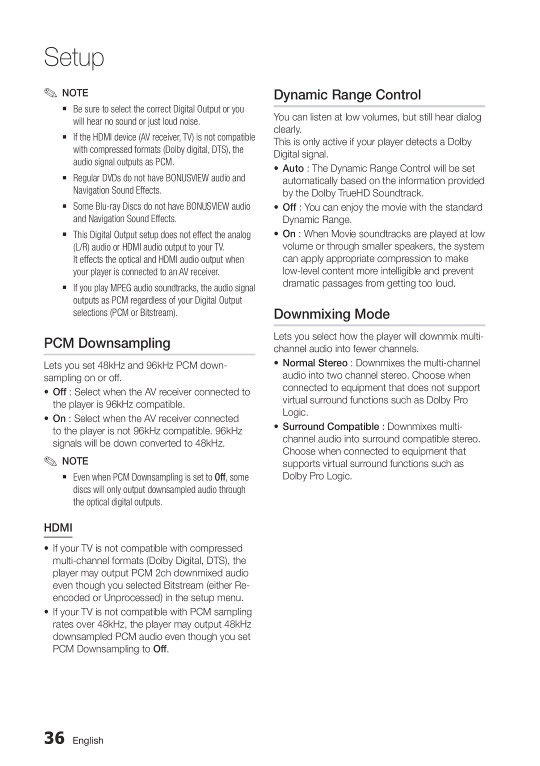 Samsung BD-D5500/ZA, BD-D5500/XN, BD-D5500/EN, BD-D5500/ZF manual PCM Downsampling, Dynamic Range Control, Downmixing Mode 