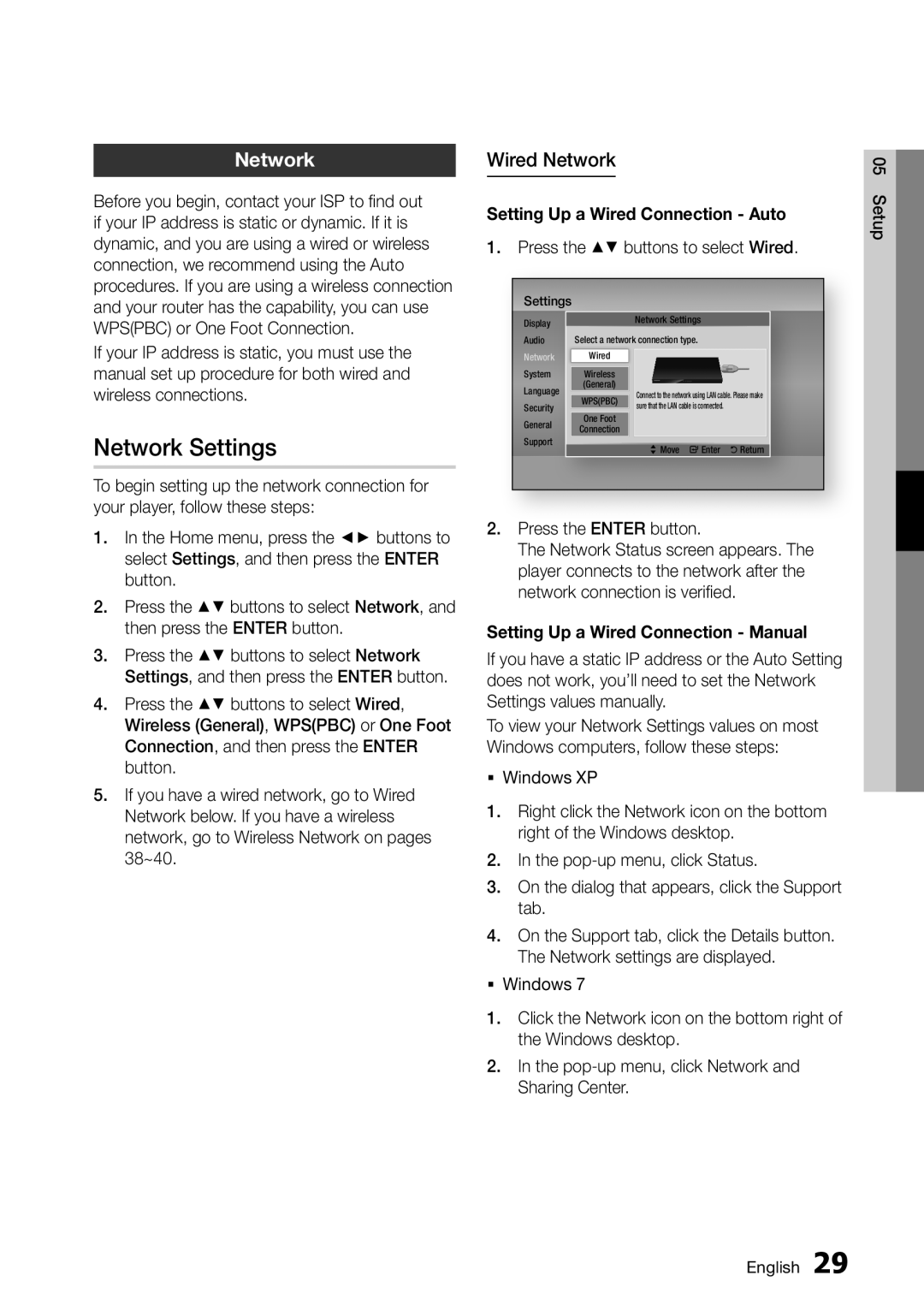 Samsung BD-D5500/XN, BD-D5500/ZA, BD-D5500/EN manual Network Settings, Wired Network, Setting Up a Wired Connection Auto 